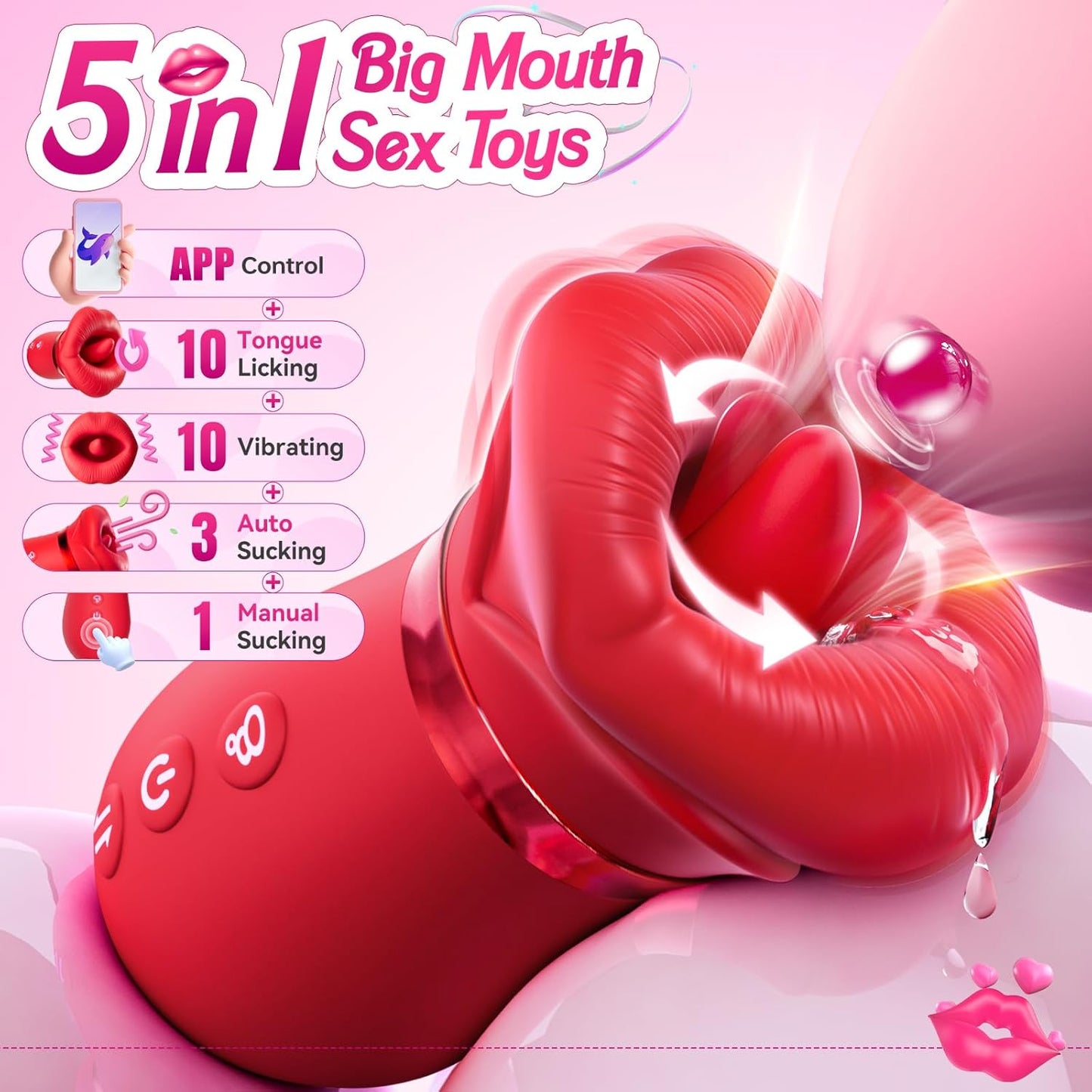 APP 5IN1 Mouth Sucking Vibrator Rose Sex Toy, 10 Tongue Licking, 3 Auto & 1 Manual Sucking
