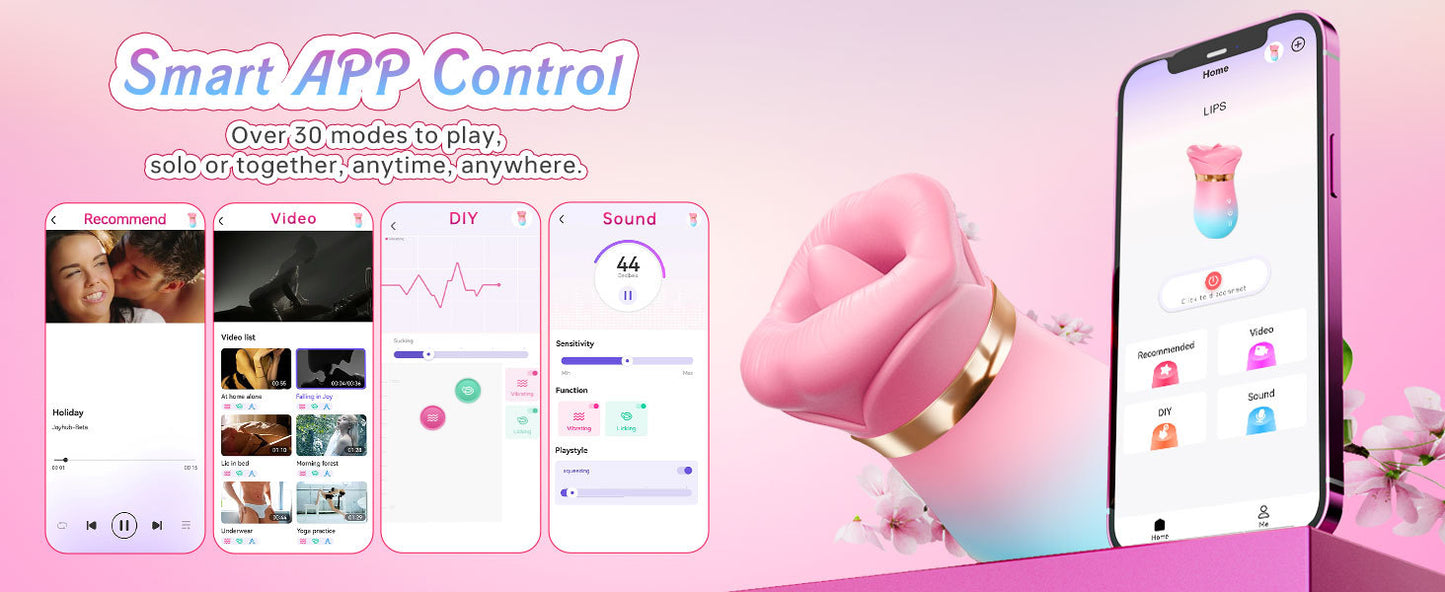 APP 5IN1 Mouth Sucking Vibrator Rose Sex Toy, 10 Tongue Licking, 3 Auto & 1 Manual Sucking