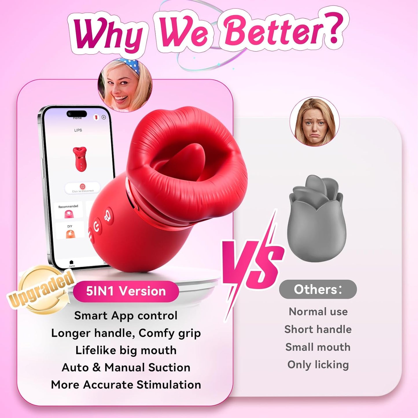 APP 5IN1 Mouth Sucking Vibrator Rose Sex Toy, 10 Tongue Licking, 3 Auto & 1 Manual Sucking