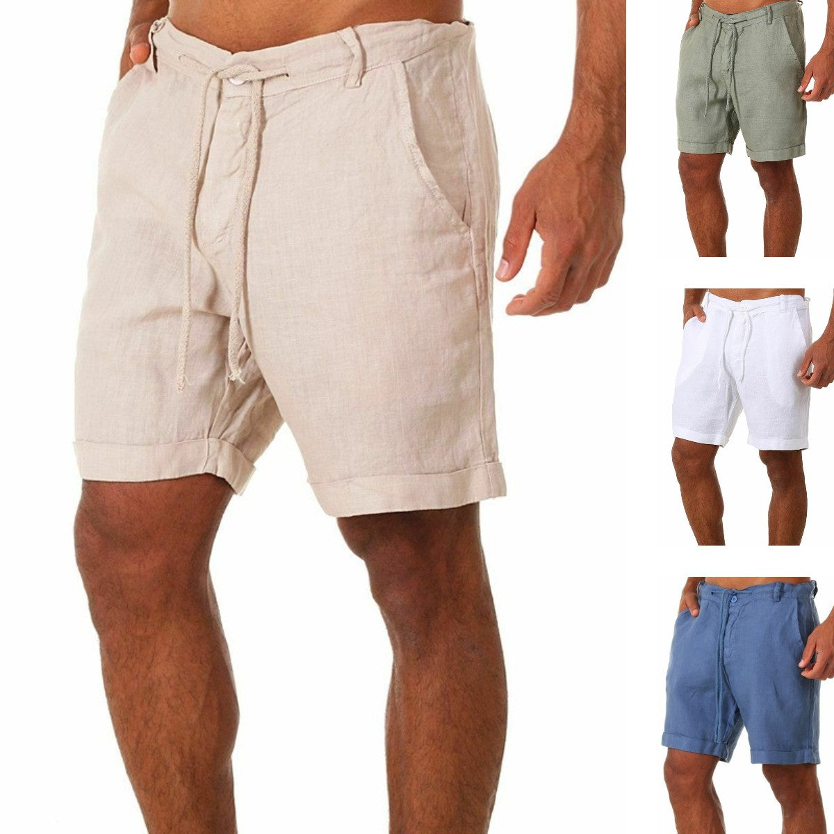 Men's linen casual shorts with drawstring